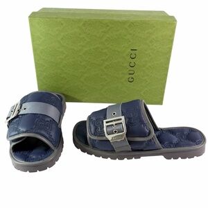 GUCCI 776792 Blue Fabric GG Quilted Buckle Men's Sandals 10 - 10.5US